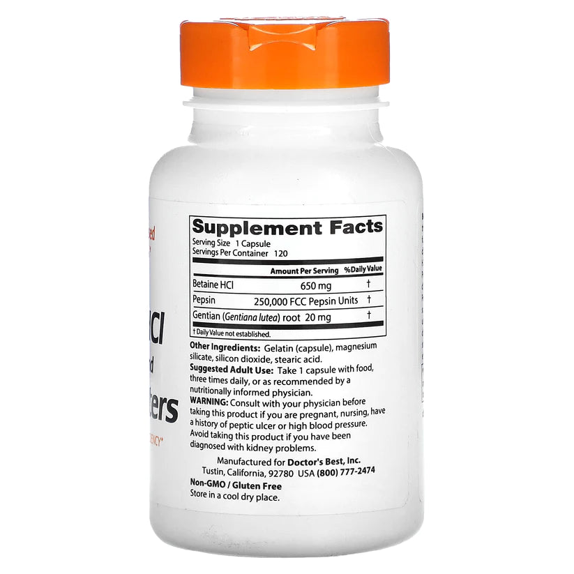 Doctor's Best 鹽酸甜菜鹼、胃蛋白酶和龍膽苦素膠囊 120粒