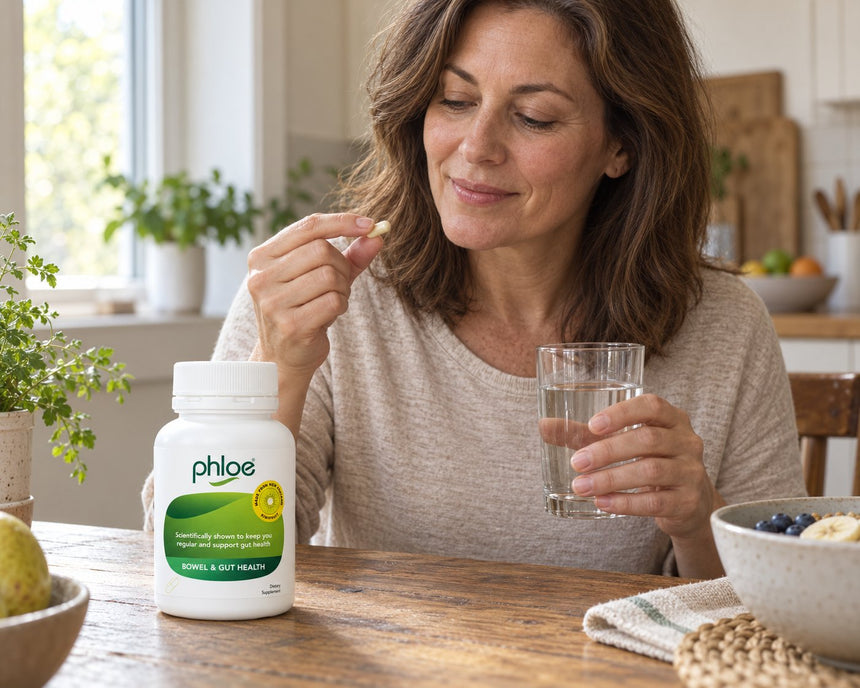 Woman at her kitchen table about to take a Phloe capsule with a glass of water